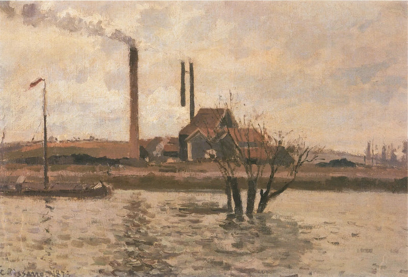 Fabrik in Saint-Ouen-l'Aumône, die Flut der Oise - Camille Pissarro