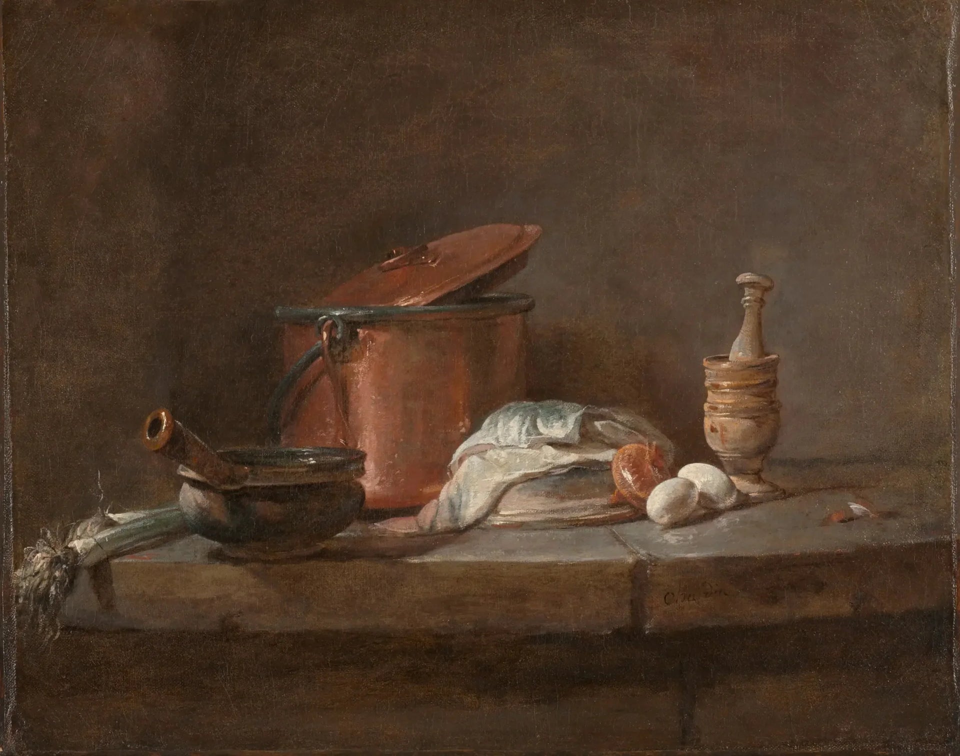 Ustensiles de cuisine avec poireaux, poisson et œufs - Jean Siméon Chardin image 1 copie peinte à la main à l’huile
