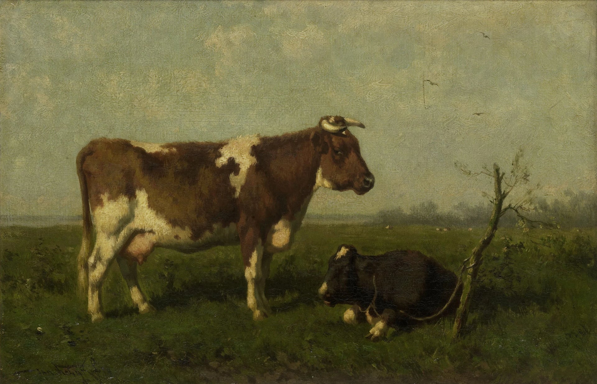 Une vache avec son veau dans un pré - Jan Vrolijk