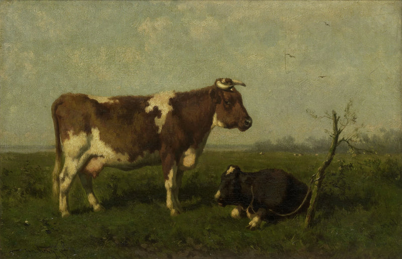 Une vache avec son veau dans un pré - Jan Vrolijk