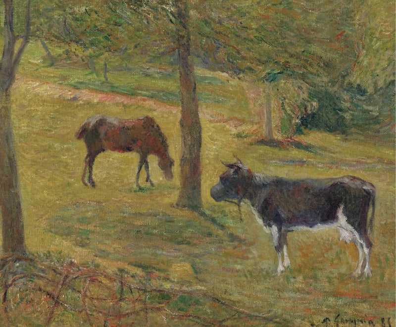 Kuh und Pferd auf einer Wiese - Paul Gauguin