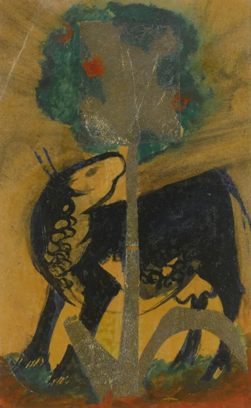 Schwarze Kuh hinter einem Baum - Franz Marc