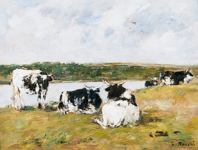 Kühe am Ufer eines Flusses - Eugène Boudin