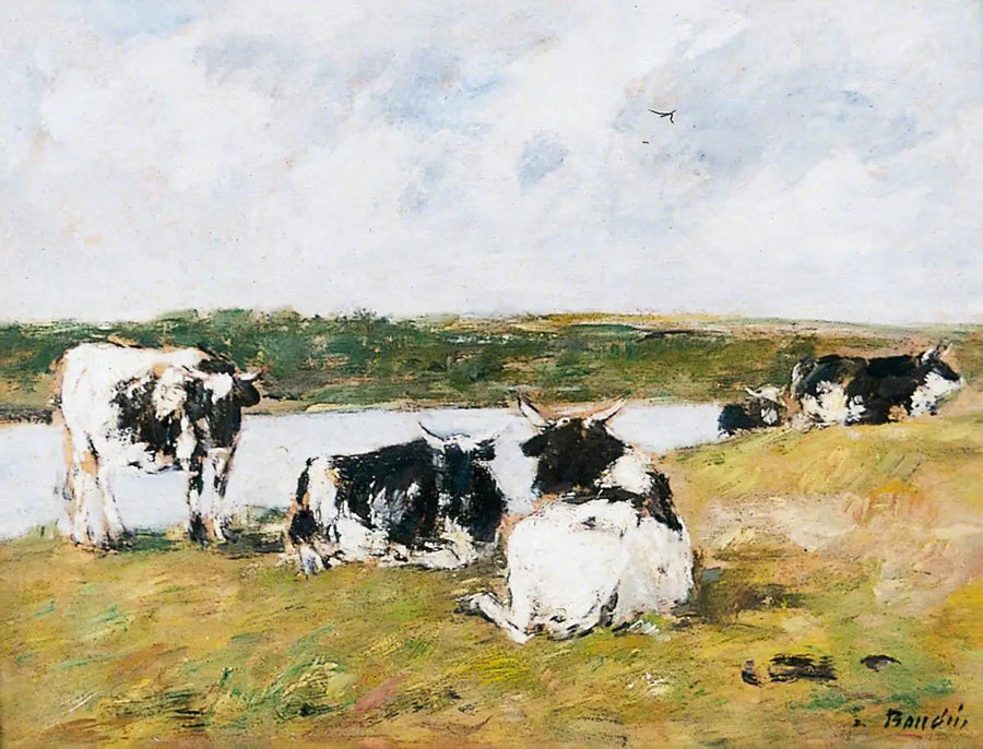 Kühe am Ufer eines Flusses - Eugène Boudin