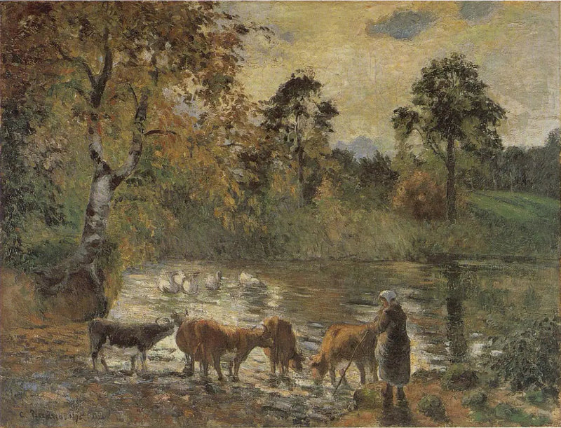 Kühe, die im Teich von Montfoucault trinken - Camille Pissarro