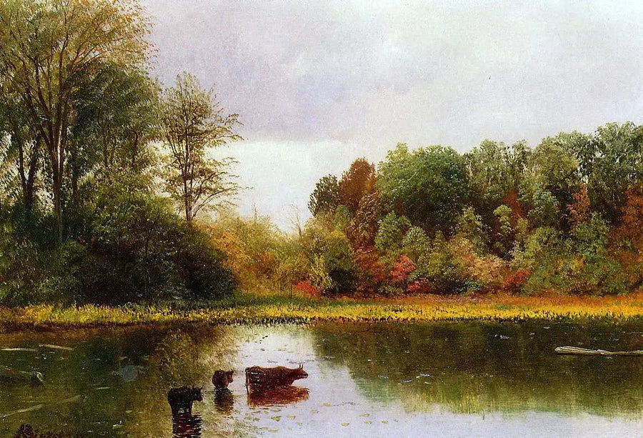 Kühe, die in einer Landschaft trinken - Albert Bierstadt