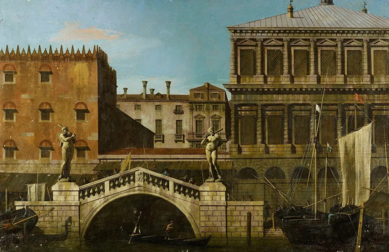 Venedig: Capriccio der Zecca und der Speicher mit der Ponte della Pescaria - Canaletto