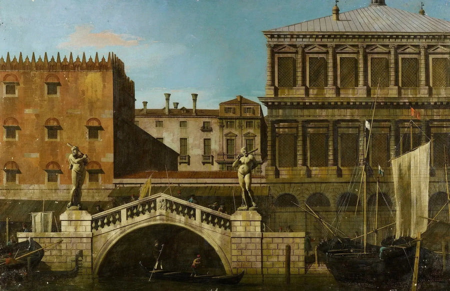 Venedig: Capriccio der Zecca und der Speicher mit der Ponte della Pescaria - Canaletto