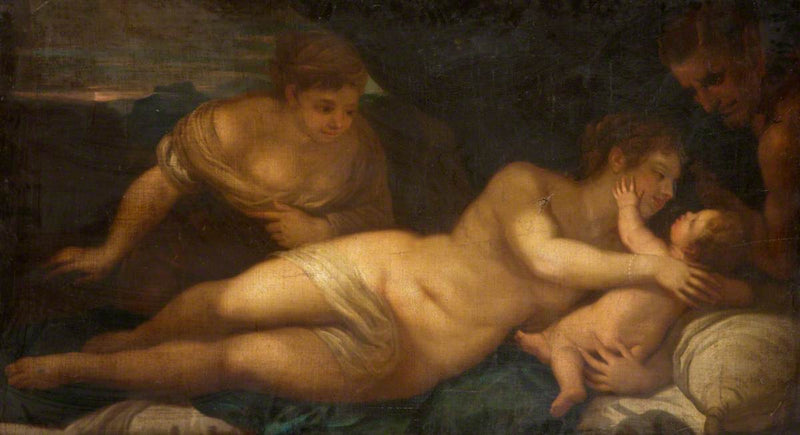 Venus und Amor mit einem Satyr (früher bekannt als „Liegende Nackte“) - Luca Giordano
