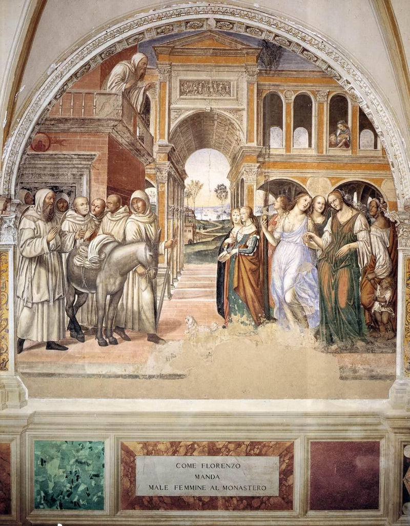 Leben des heiligen Benedikt, Szene 19: Benedikt vertreibt die Prostituierten - Il Sodoma (Giovanni Antonio Bazzi)
