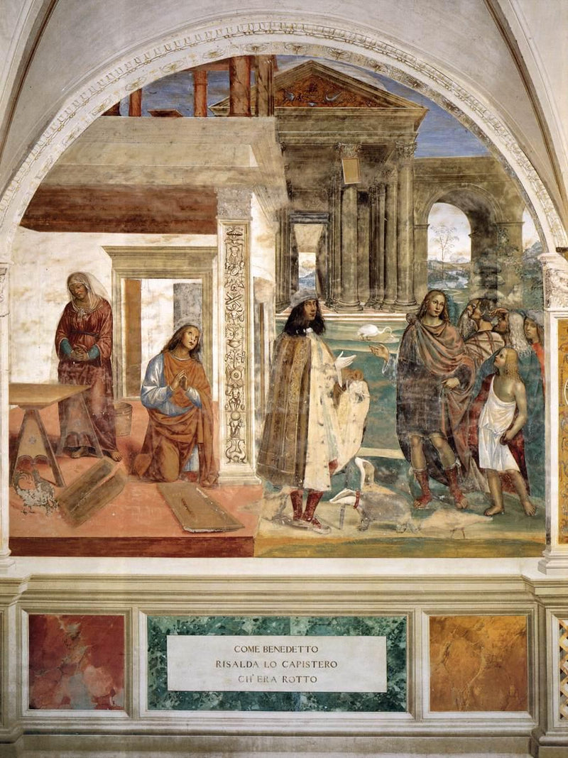 Leben des heiligen Benedikt, Szene 3 Benedikt repariert das zerbrochene Sieb - Il Sodoma (Giovanni Antonio Bazzi)