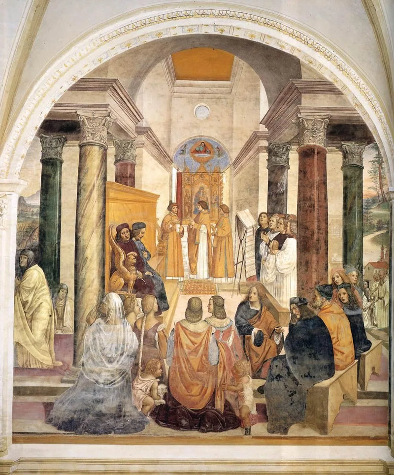 Leben des heiligen Benedikt, Szene 33: Benedikt erteilt zwei Nonnen die posthume Absolution - Il Sodoma (Giovanni Antonio Bazzi)
