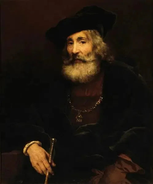 Alter Mann, der mit einem Stock in einem fantasievollen Anzug sitzt - Rembrandt