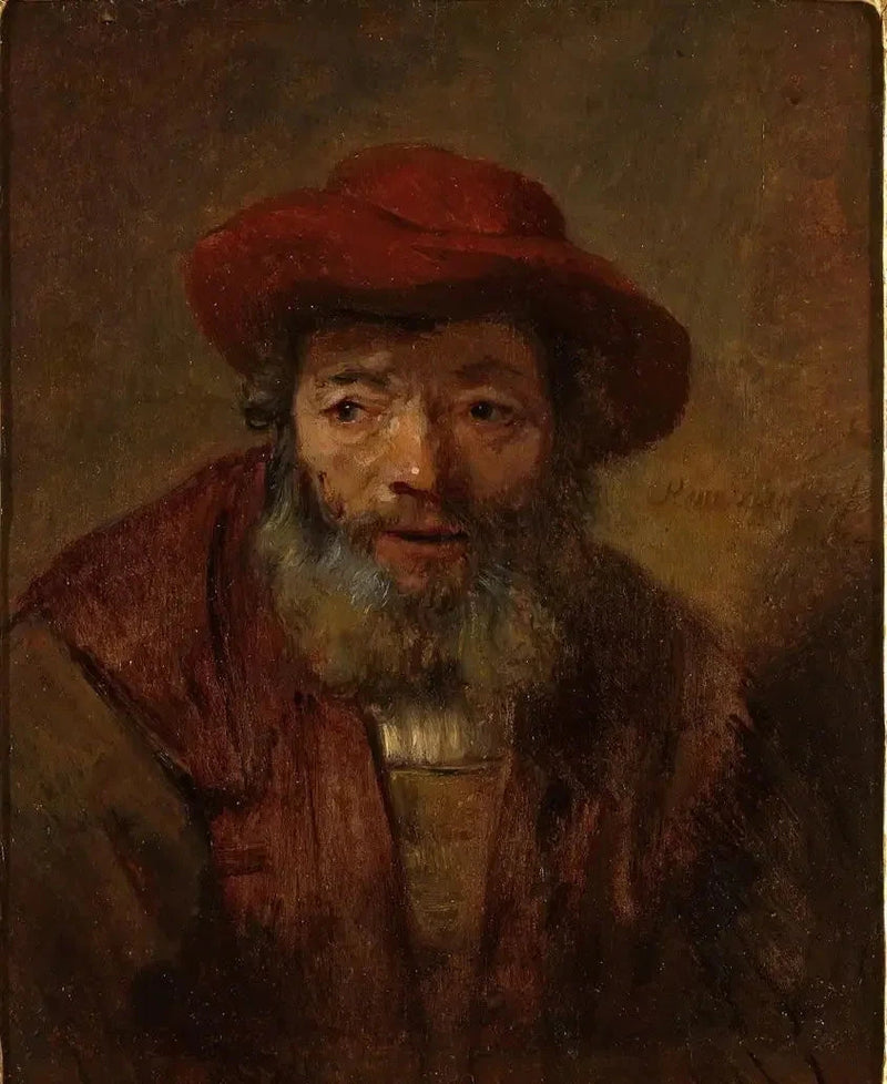 Porträt eines alten Mannes mit einem Bart und einem roten Hut - Rembrandt