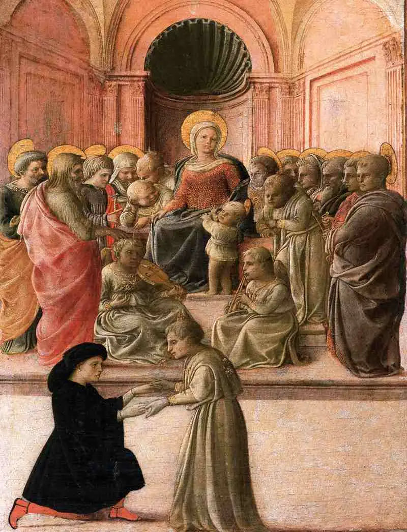 Jungfrau mit Kind mit Heiligen, Engeln und einem Spender - Fra Filippo Lippi