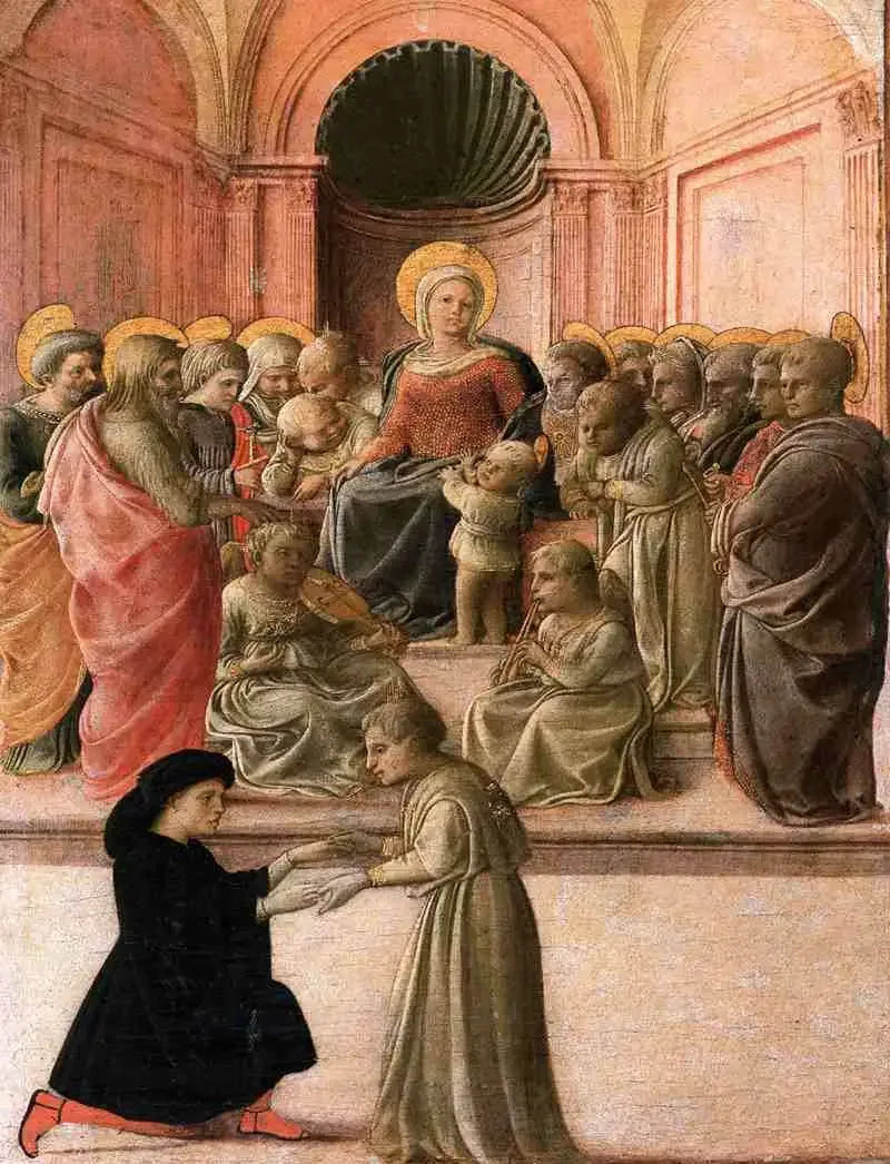 Jungfrau mit Kind mit Heiligen, Engeln und einem Spender - Fra Filippo Lippi