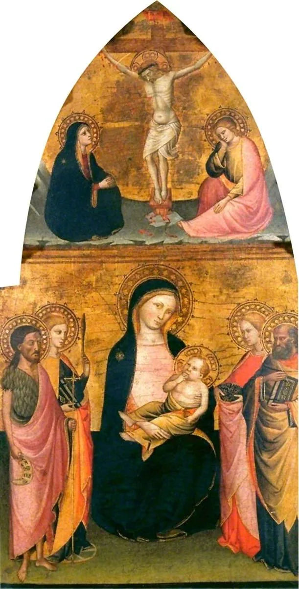 Jungfrau mit Kind mit vier Heiligen und dem gekreuzigten Christus - Jacopo di Cione