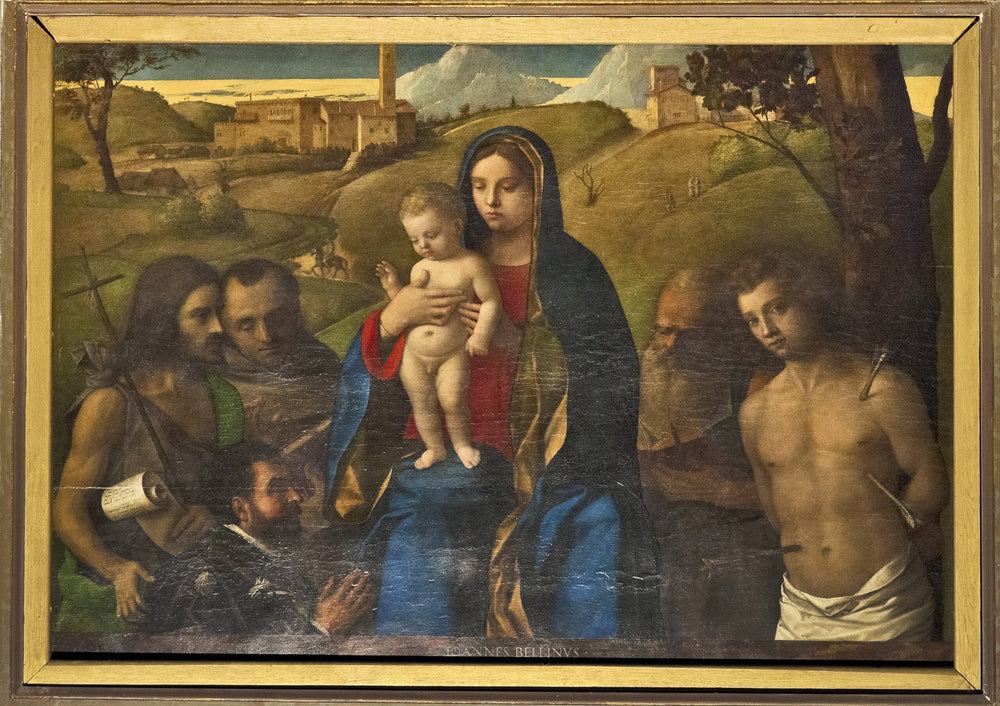 Vierge à l'Enfant avec quatre saints (Jean-Baptiste, Francis, Jérôme et Sébastien (de gauche à droite)) et le Donateur - Giovanni Bellini image 1 copie peinte à la main à l’huile