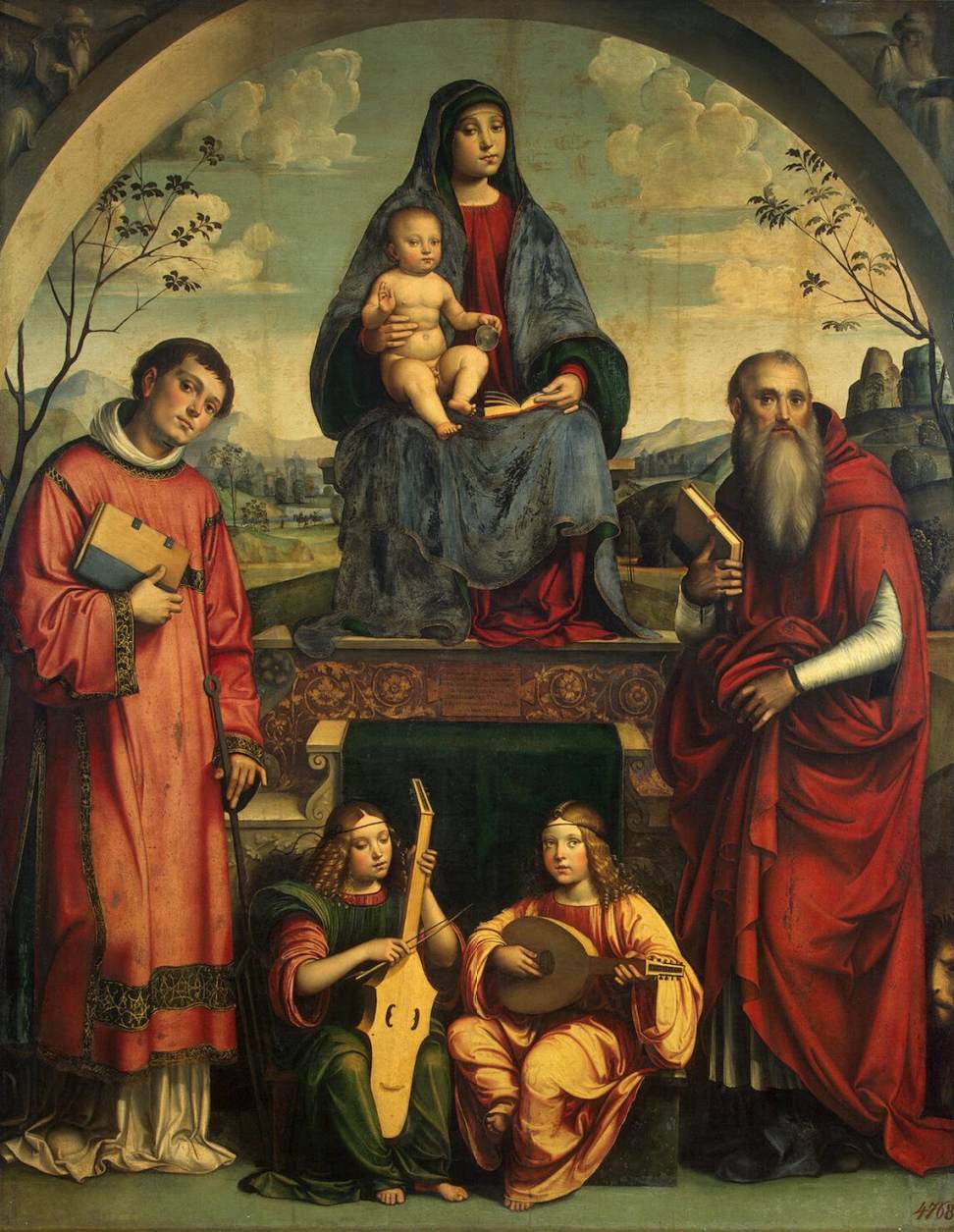 Vierge à l'Enfant avec Saint Laurent, Saint Jérôme et deux anges jouant de la musique - Francesco Francia image 1 reproduction de peinture à l’huile