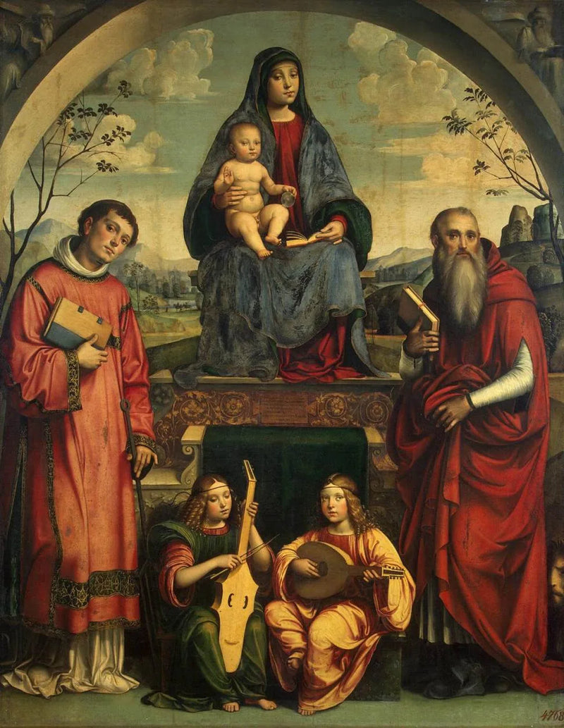 Jungfrau mit Kind mit Saint Laurent, Saint Jerome und zwei Engeln, die Musik spielen - Francesco Francia