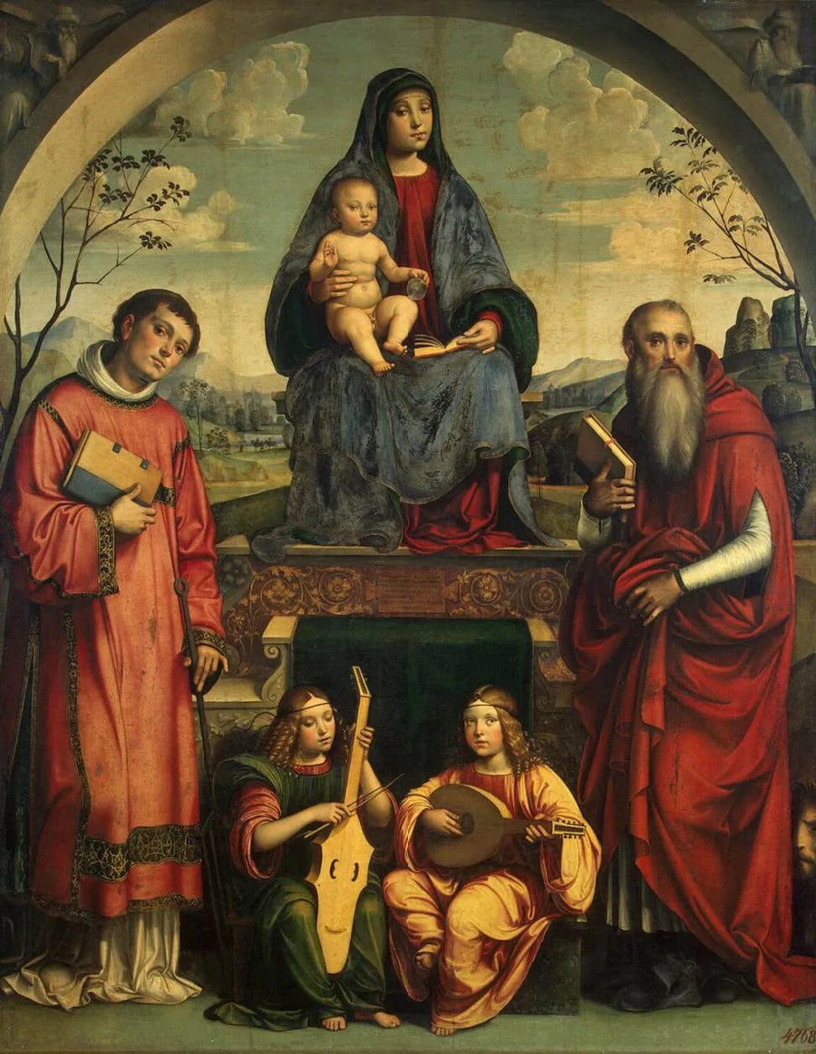 Jungfrau mit Kind mit Saint Laurent, Saint Jerome und zwei Engeln, die Musik spielen - Francesco Francia