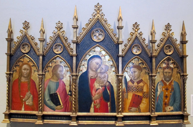 Jungfrau mit Kind, mit heilige Maria Magdalena, heiligen Jakobus dem Älteren, heiligen Stephanus und einem Bischof. - Allegretto Nuzi
