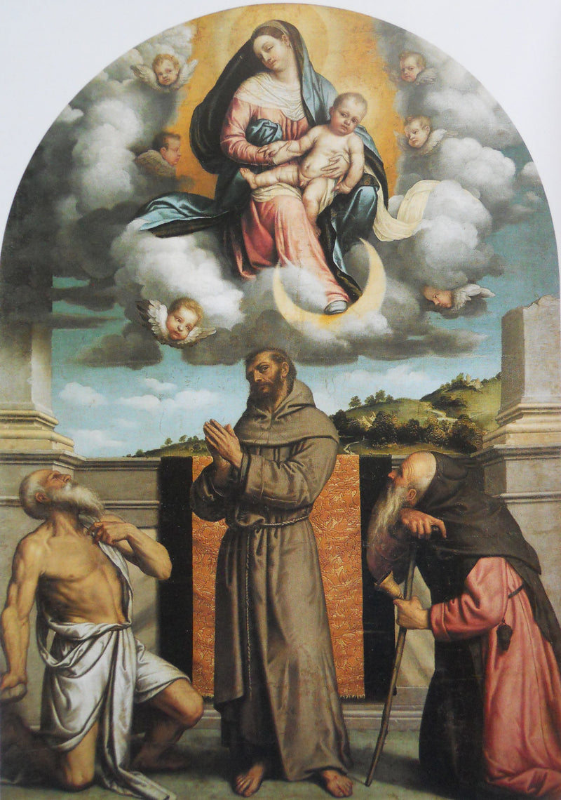 Jungfrau mit Kind in Herrlichkeit mit heiligem Jerome, heiligem Franz von Assisi und heiligem Antonius dem Abt - Alessandro Bonvicino