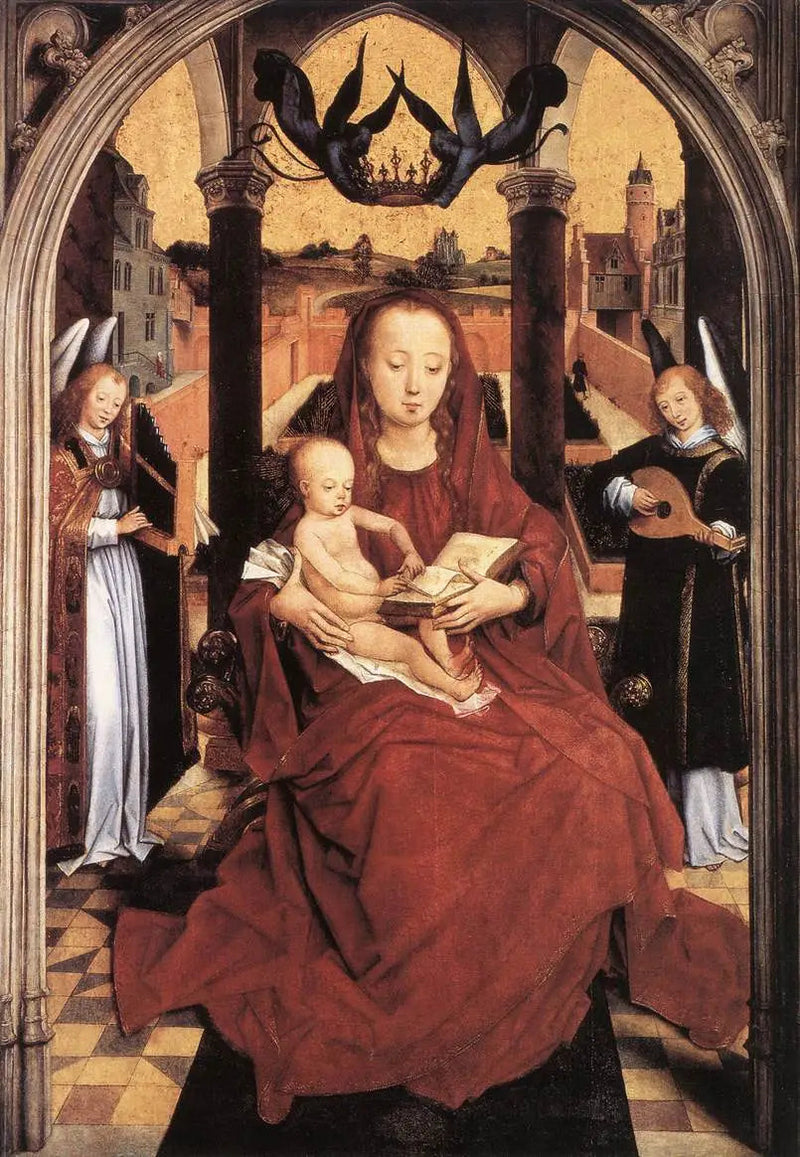Jungfrau mit Kind auf dem Thron mit zwei musizierenden Engeln - Hans Memling