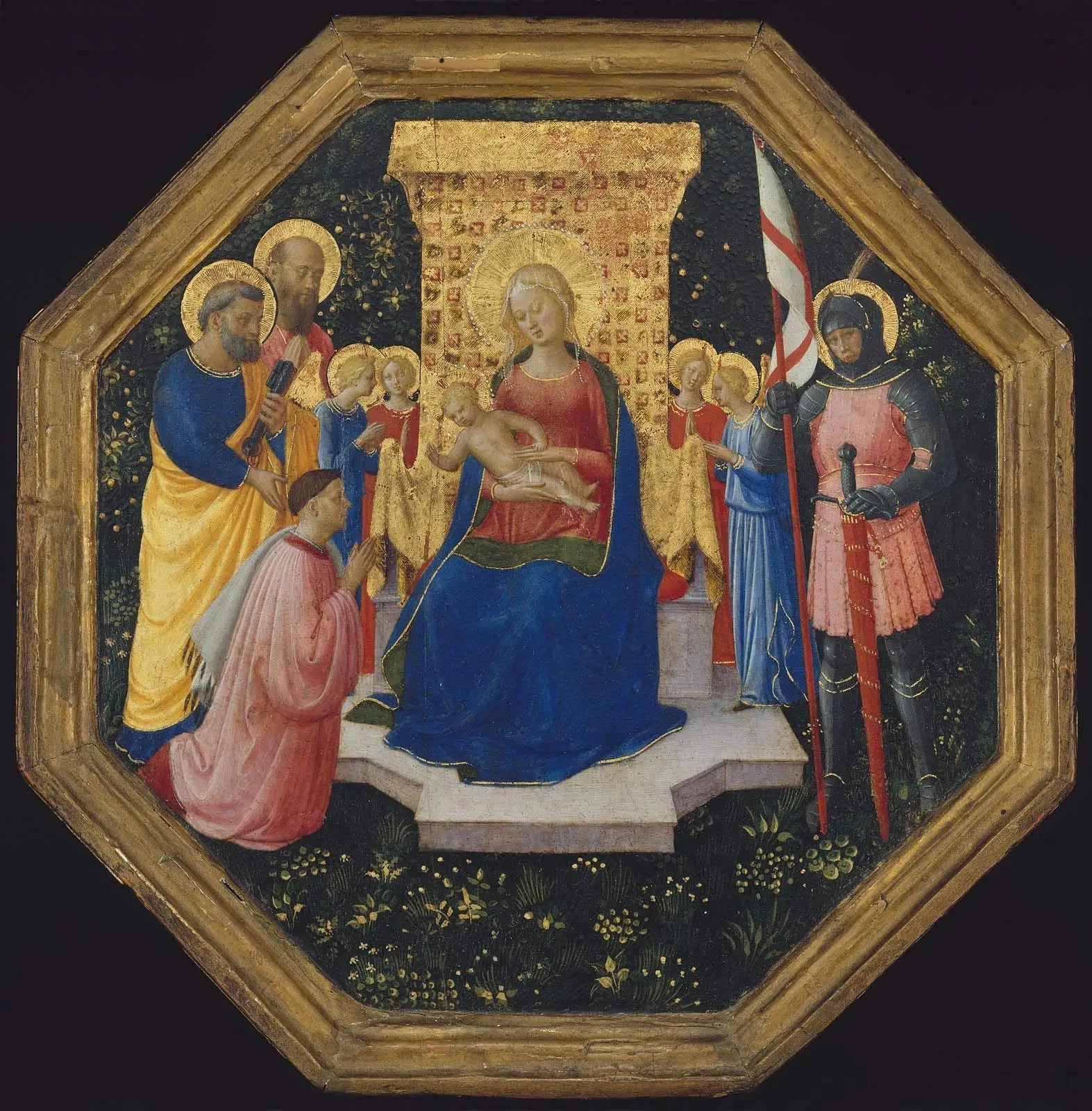 Vierge à l'Enfant en trône avec les saints Pierre, Paul et Georges (?), quatre anges et un donateur - Fra Angelico image 1 reproduction artisanale de tableau