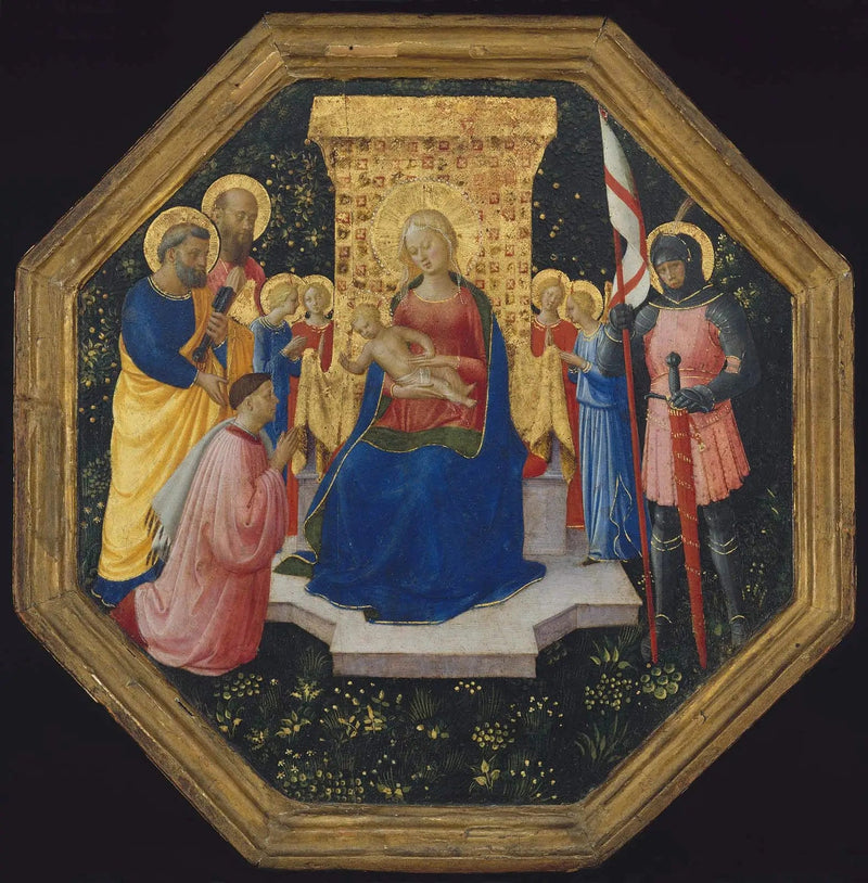 Jungfrau mit Kind auf dem Thron mit den Heiligen Petrus, Paulus und Georg (?), vier Engeln und einem Spender - Fra Angelico