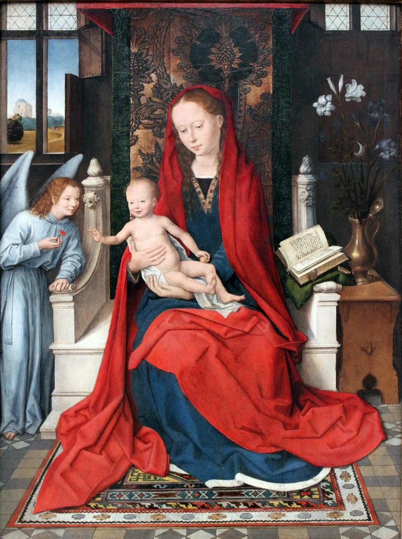 Jungfrau mit Kind auf einem Thron mit einem Engel - Hans Memling