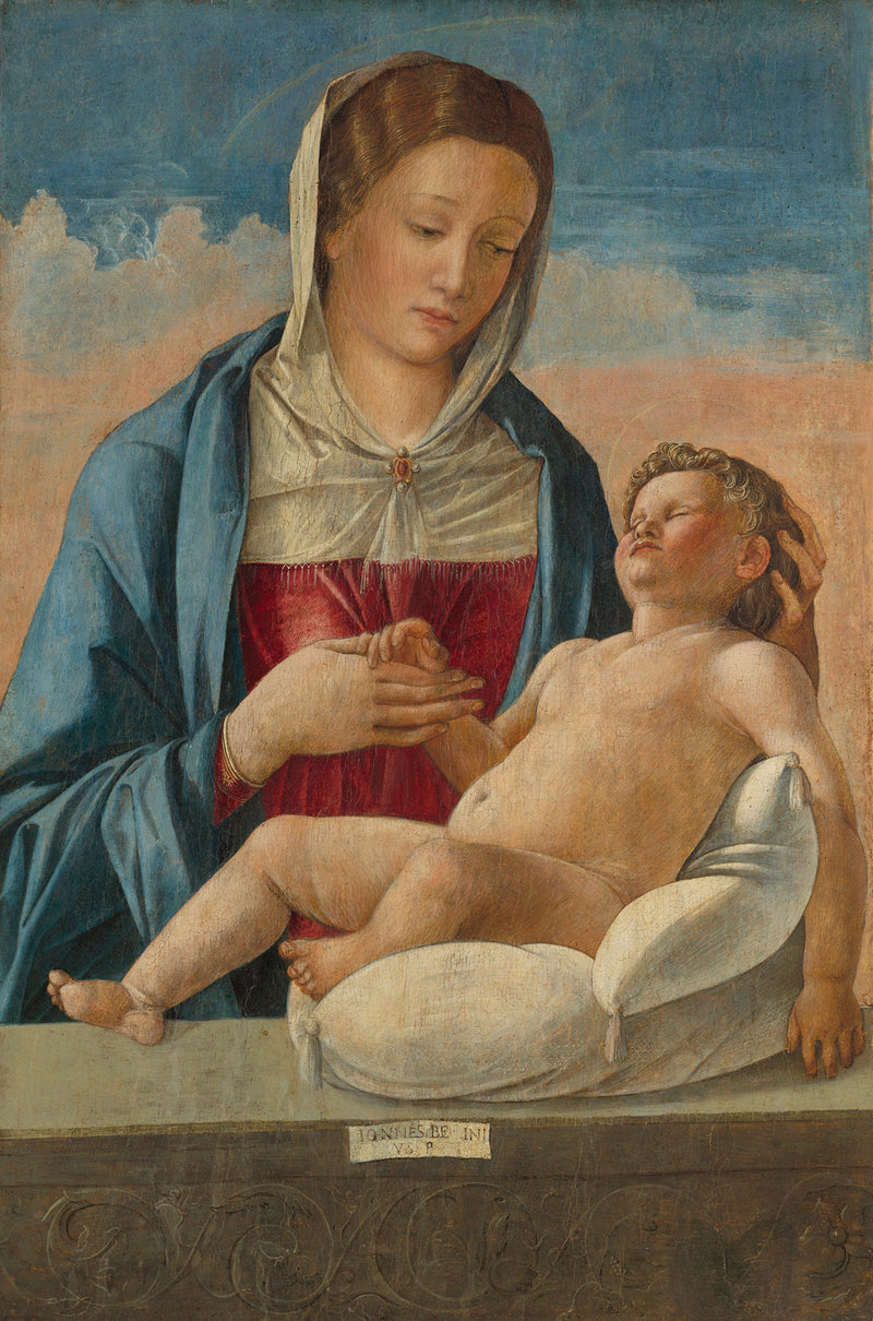 Jungfrau mit schlafendem Kind auf einem Brüstung - Giovanni Bellini