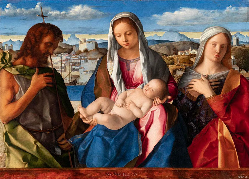 Jungfrau mit Kind umgeben von Johannes dem Täufer und einer Heiligen - Giovanni Bellini