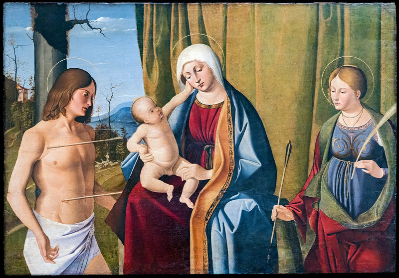 Jungfrau mit Kind zwischen Sankt Sebastian und Sankt Ursula - Marco Basaiti