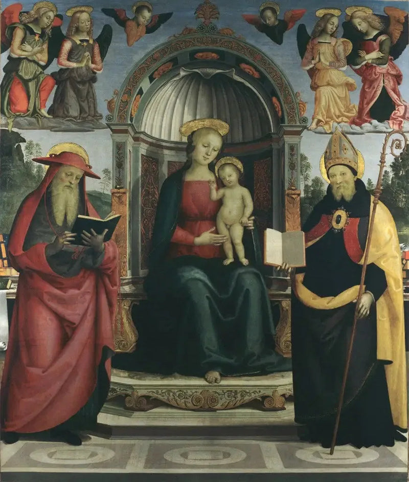 Jungfrau mit Kind auf dem Thron zwischen heiligem Hieronymus, heiligem Augustinus, vier Engeln und zwei Cherubinen - Pietro Perugino