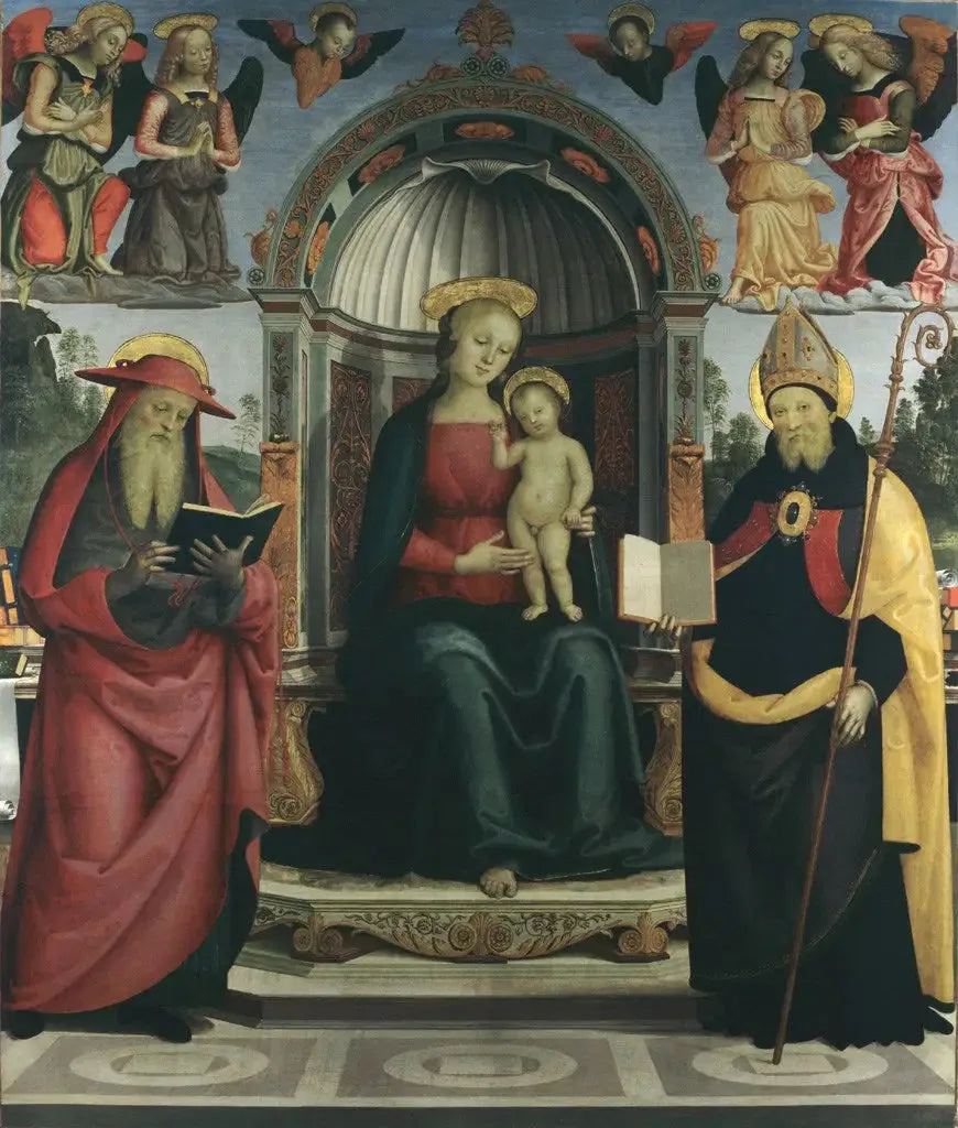 Jungfrau mit Kind auf dem Thron zwischen heiligem Hieronymus, heiligem Augustinus, vier Engeln und zwei Cherubinen - Pietro Perugino