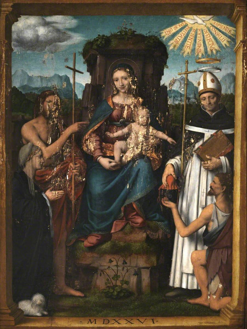 Jungfrau mit Kind thronend mit Johannes dem Täufer, Heiligen Antonin, einer Spenderin und einem Bettler - Bernardino Luini
