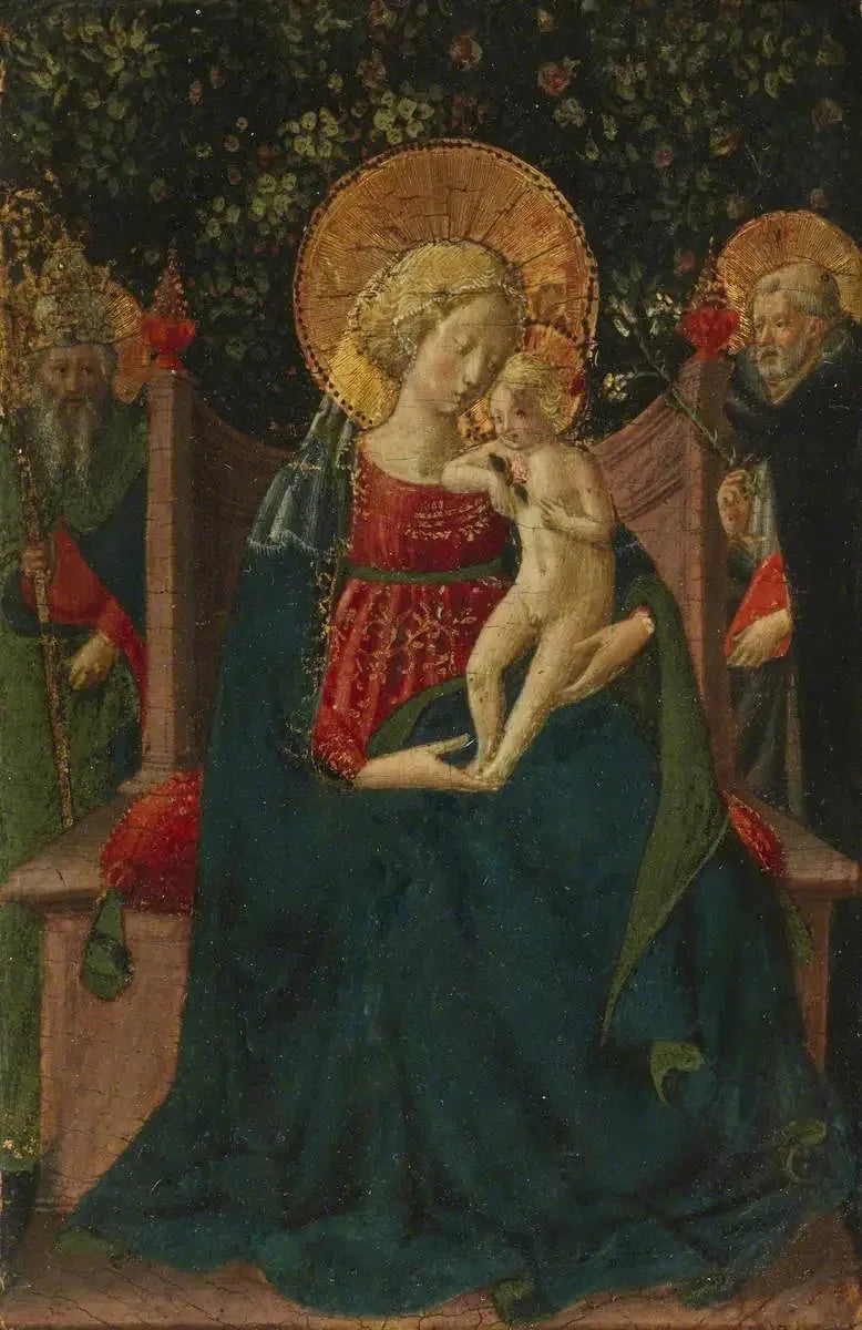 Jungfrau mit Kind, die zwischen dem heiligen Dominikus und einem päpstlichen Heiligen thront (früher Domenico di Michelino zugeschrieben) - Benozzo Gozzoli