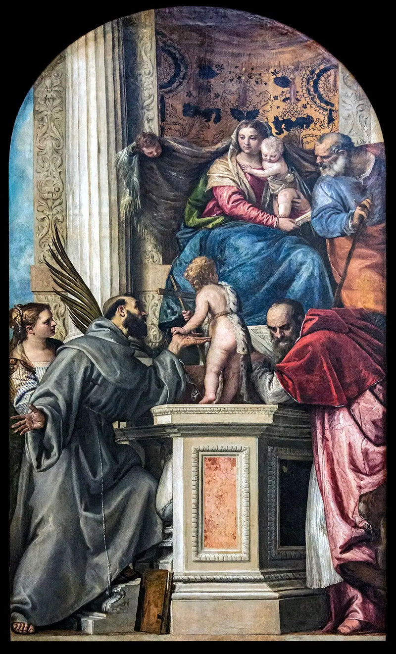 Jungfrau mit Kind mit heiligem Joseph, Justina von Padua, Franz von Assisi, Johannes der Täufer als Kind und Heiliger Hieronymus. - Paul Véronèse