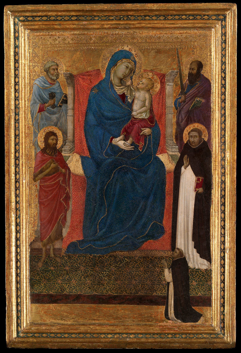 Jungfrau mit Kind in Majestät mit Petrus, Paulus, Johannes den Täufer, Dominikus und einem Spender - Ugolino di Nerio