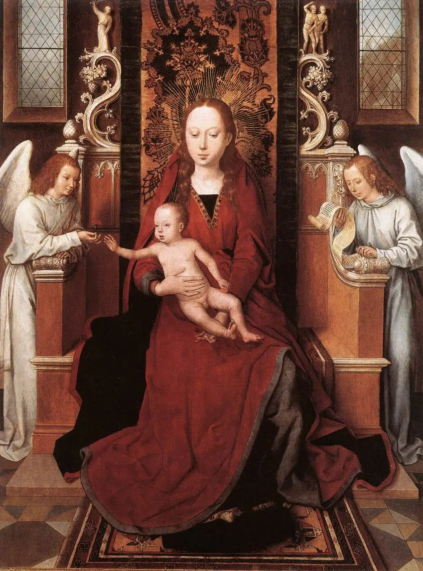 Jungfrau auf einem Thron mit dem Kind und zwei Engeln - Hans Memling