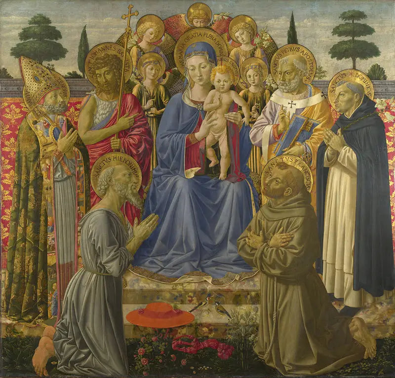 Jungfrau und das Kind, das unter den Engeln und Heiligen thront - Benozzo Gozzoli