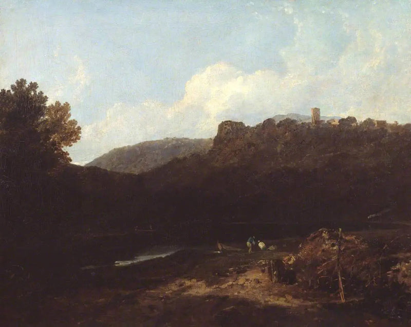 Blick in Wales: Bergszene mit Dorf und Schloss - Abend - J. M. W. Turner