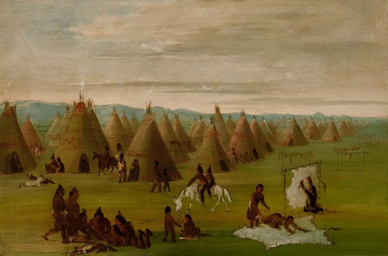 Village Comanche, Frauen beim Vorbereiten ihrer Kleider und beim Trocknen des Fleisches - George Catlin