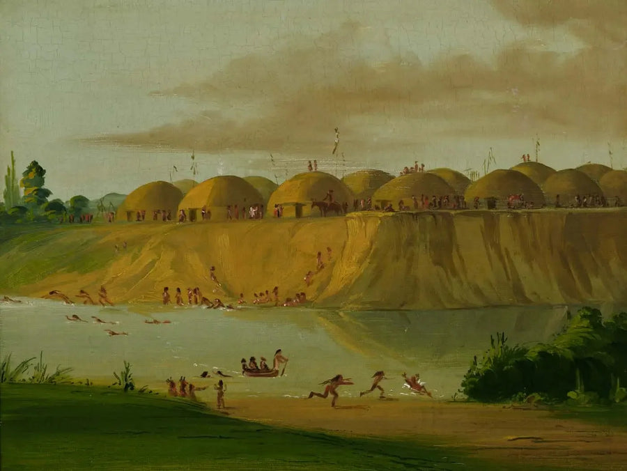 Village Hidatsa, Erdhütten, am Fluss Knife, 1810 Meilen oberhalb von Saint-Louis - George Catlin