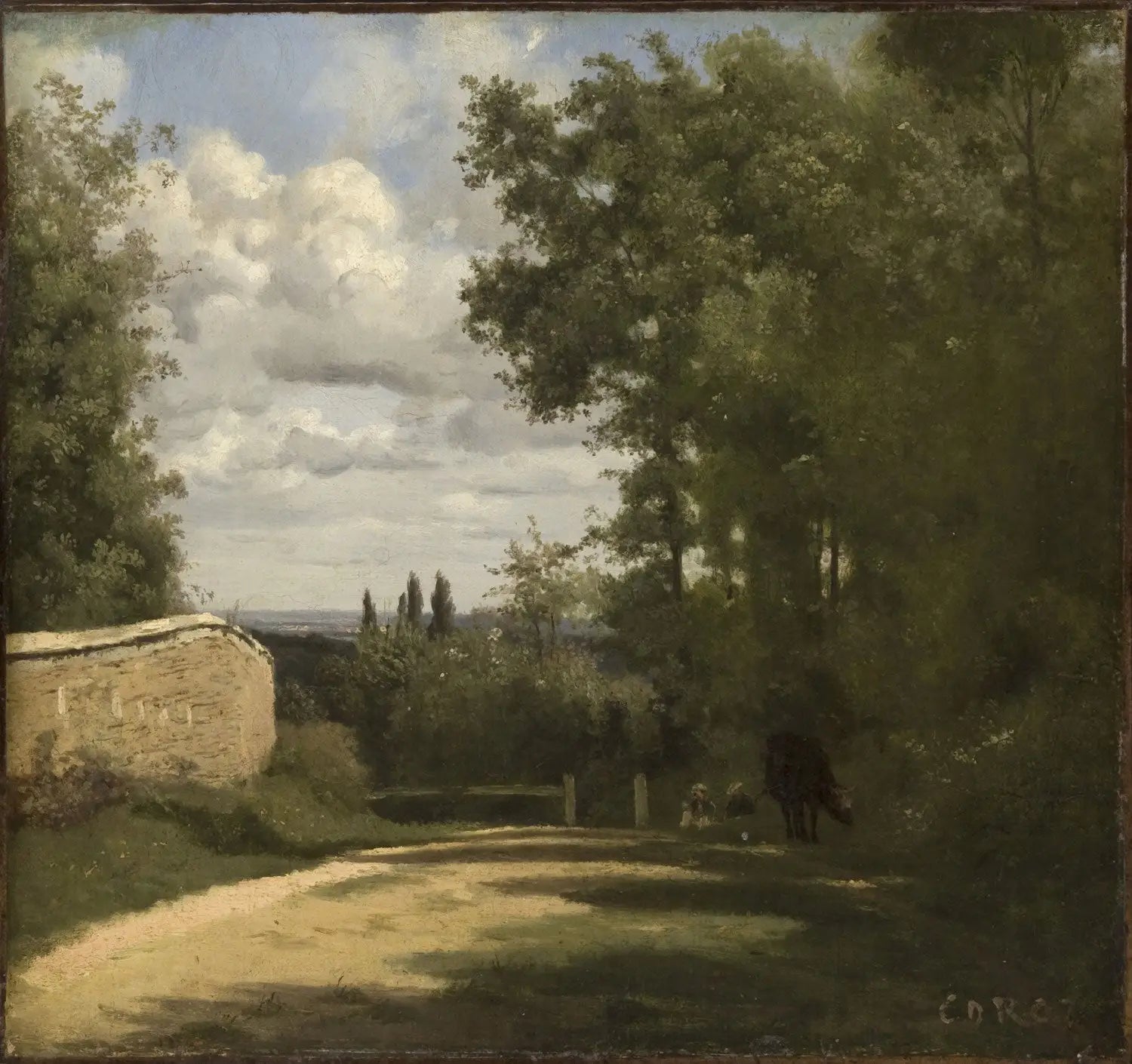 Ville d'Avray, chemin bordé d'un mur menant aux étangs - Jean-Baptiste Camille Corot image 1 reproduction de peinture à l’huile