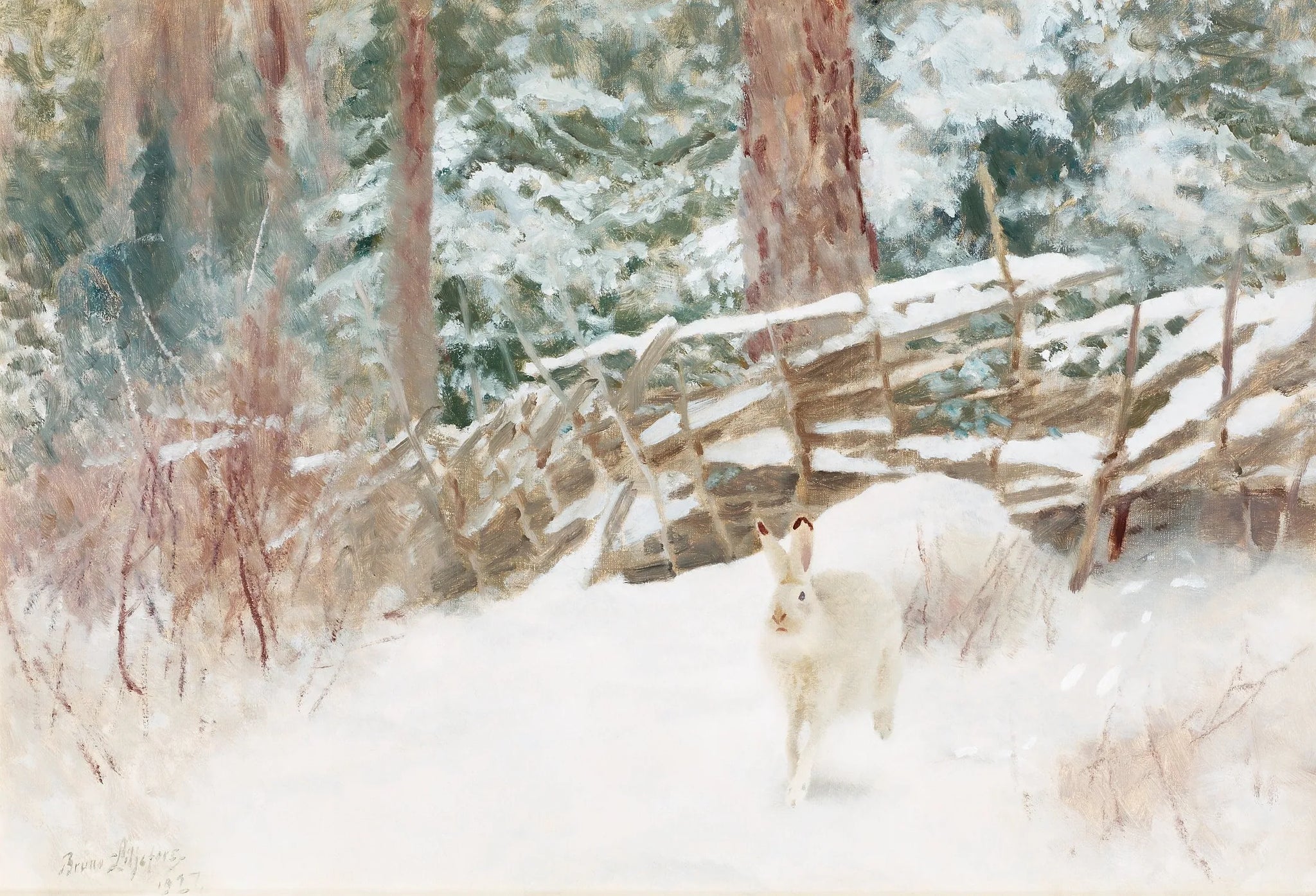 Vinterhare vid gärdsgård - Bruno Liljefors image 1 copie de tableau peinte à la main
