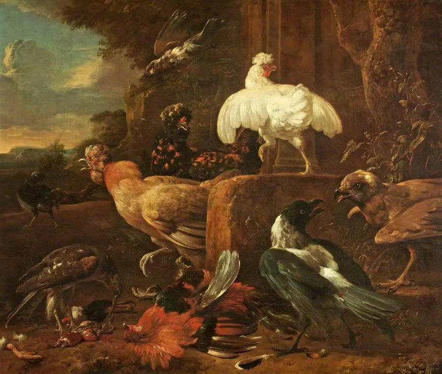 Geflügel angegriffen von Raubvögeln in einer Landschaft - Melchior de Hondecoeter