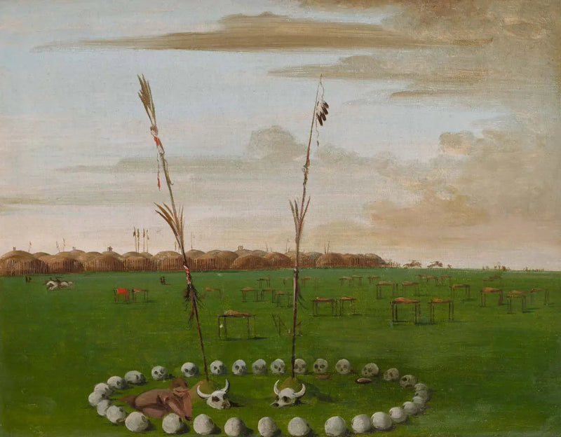 Rückansicht des Dorfes Mandan, zeigt den Friedhof - George Catlin