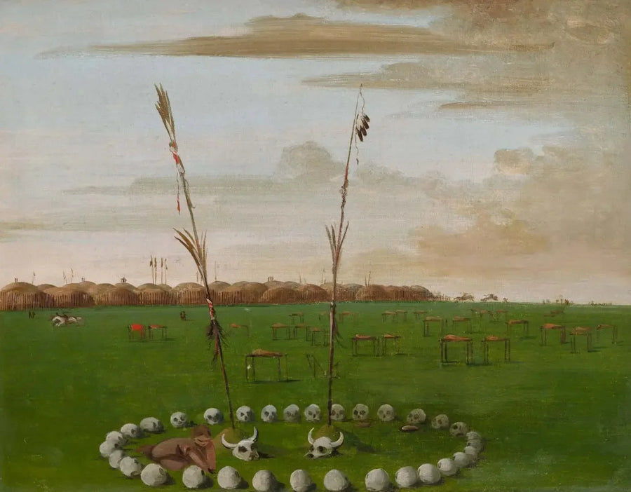 Rückansicht des Dorfes Mandan, zeigt den Friedhof - George Catlin